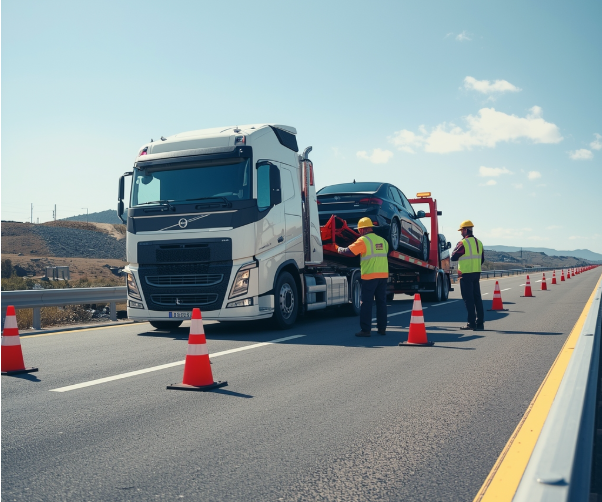 Tow truck and recovery crew assisting a vehicle after an accident on a highway with safety cones and high-visibility vests