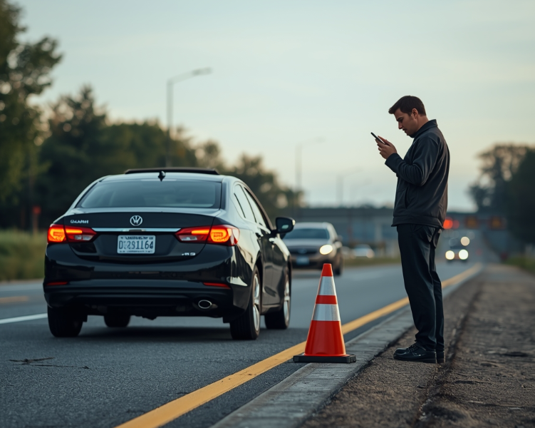 The driver pulled over on the roadside using a safety cone while waiting for roadside assistance in Columbus, Ohio.